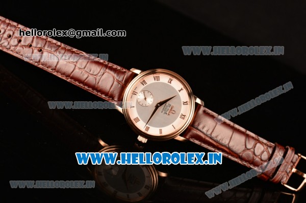 Omega De Ville Co-Axial Swiss ETA 2824 Automatic Rose Gold Case with Silver Dial Roman Numeral Markers and Brown Leather Strap - Click Image to Close