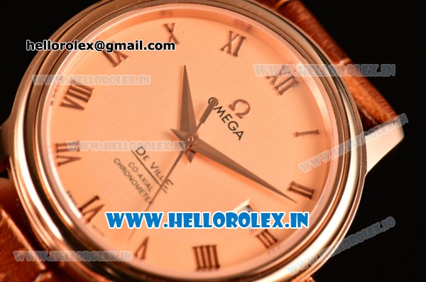 Omega De Ville Co-Axial Swiss ETA 2824 Automatic Rose Gold Case with Champagne Dial and Roman Numeral Markers - Click Image to Close