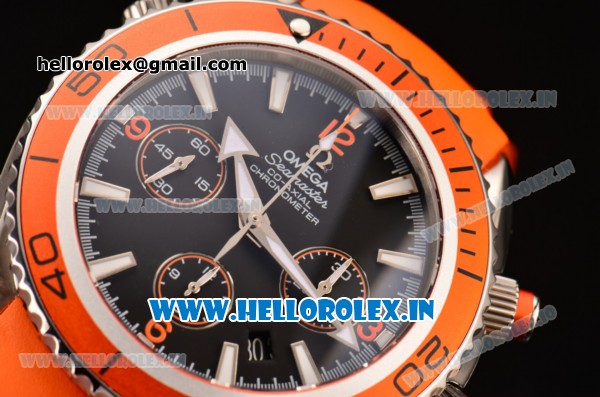 Omega Seamaster Planet Ocean 600M Co-Axial Chrono Swiss Valjoux 7750-DD Steel Case with Orange Bezel and White Stick Markers - Click Image to Close
