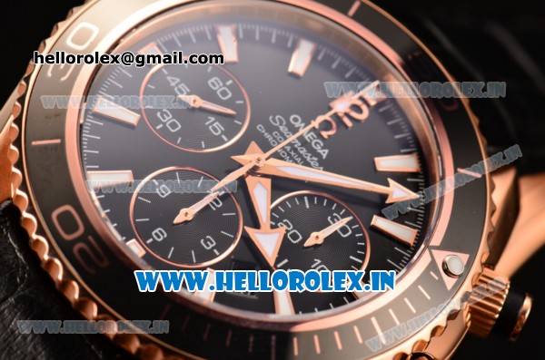 Omega Seamaster Planet Ocean 600M Co-Axial Chrono Swiss Valjoux 7750-DD Rose Gold Case with Black Dial and White Stick Markers - Click Image to Close