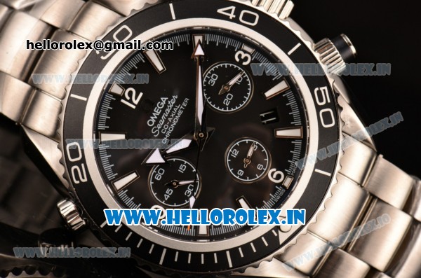 Omega Seamaster Planet Ocean 600M Co-Axial Chrono Swiss Valjoux 7750-DD Automatic Full Steel with Black Dial and White Stick Markers - Click Image to Close