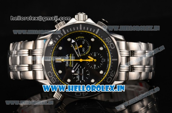 Omega Seamaster Diver 300M Chrono Miyota OS20 Quartz Steel Case/Bracelet with Black Dial and Yellow Inner Bezel - Click Image to Close