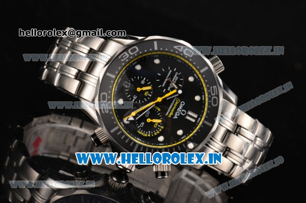 Omega Seamaster Diver 300M Chrono Miyota OS20 Quartz Steel Case/Bracelet with Black Dial and Yellow Inner Bezel - Click Image to Close