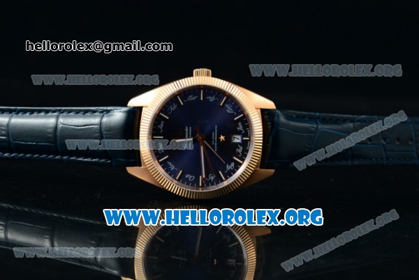 Omega Globemaster Annual Calendar Miyota 9015 Automatic Rose Gold Case with Blue Dial and Blue Leather Strap (AAAF) - Click Image to Close
