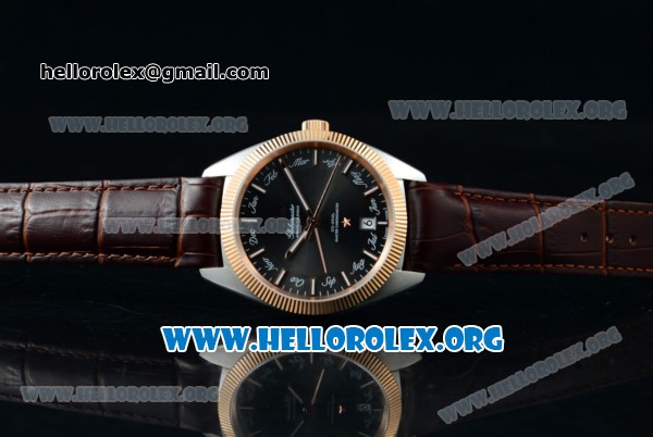 Omega Globemaster Annual Calendar Miyota 9015 Automatic Steel Case with Black Dial Rose Gold Bezel and Brown Leather Strap (AAAF) - Click Image to Close