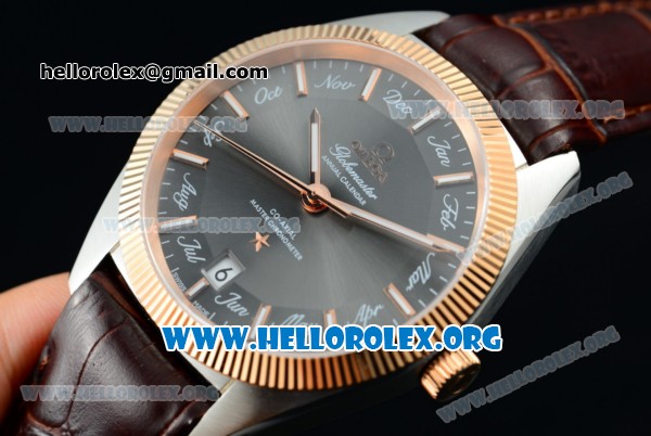 Omega Globemaster Annual Calendar Miyota 9015 Automatic Steel Case with Black Dial Rose Gold Bezel and Brown Leather Strap (AAAF) - Click Image to Close
