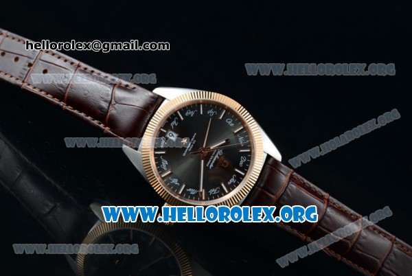 Omega Globemaster Annual Calendar Miyota 9015 Automatic Steel Case with Black Dial Rose Gold Bezel and Brown Leather Strap (AAAF) - Click Image to Close