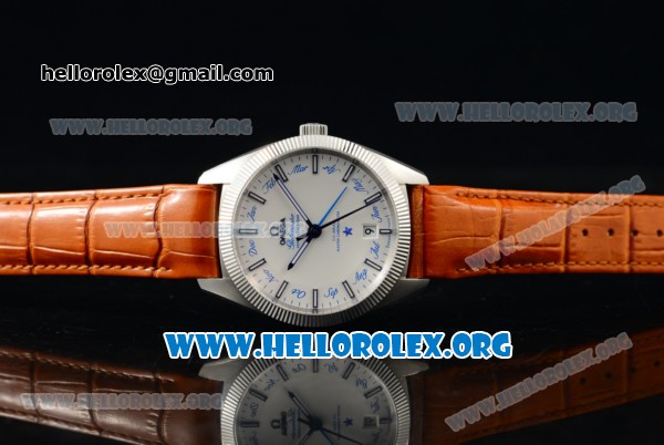 Omega Globemaster Annual Calendar Miyota 9015 Automatic Steel Case with White Dial and Orange Leather Strap (AAAF) - Click Image to Close