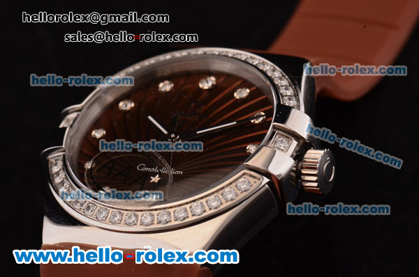 Omega Constellation Swiss ETA Quartz Steel Case with Diamond Bezel and Brown Rubber Strap - Click Image to Close