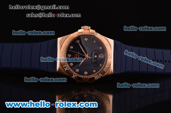 Omega Constellation Swiss ETA Quartz Rose Gold Case with Blue Dial and Blue Rubber Strap - Click Image to Close