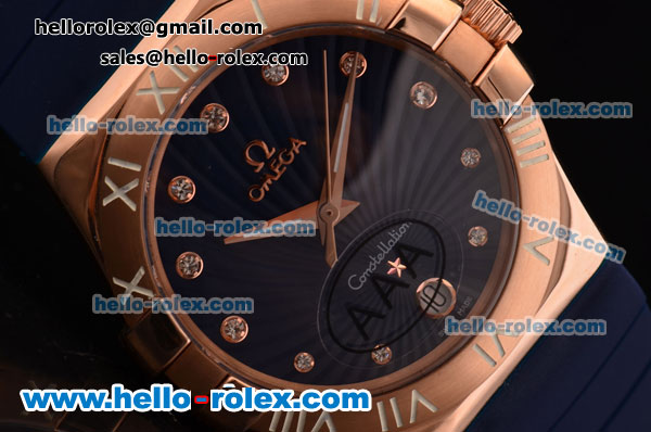 Omega Constellation Swiss ETA Quartz Rose Gold Case with Blue Dial and Blue Rubber Strap - Click Image to Close