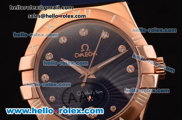 Omega Constellation Swiss ETA Quartz Rose Gold Case with Blue Dial and Blue Rubber Strap - Click Image to Close