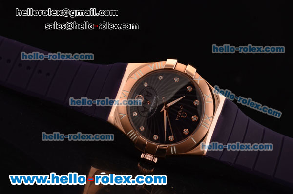 Omega Constellation Swiss ETA Quartz Rose Gold Case with Purple Dial and Purple Rubber Strap - Click Image to Close