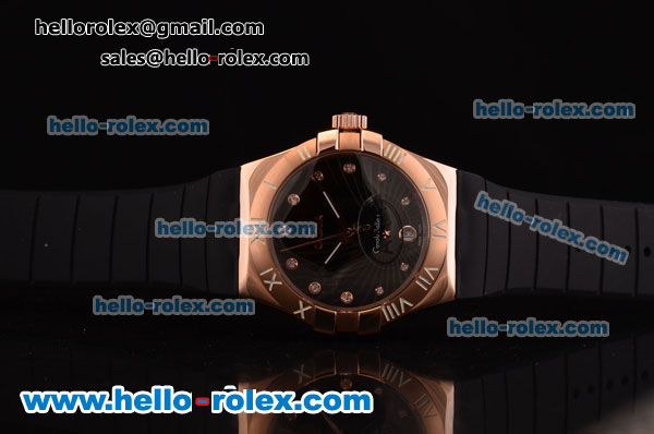 Omega Constellation Swiss ETA Quartz Rose Gold Case with Black Dial and Black Rubber Strap - Click Image to Close