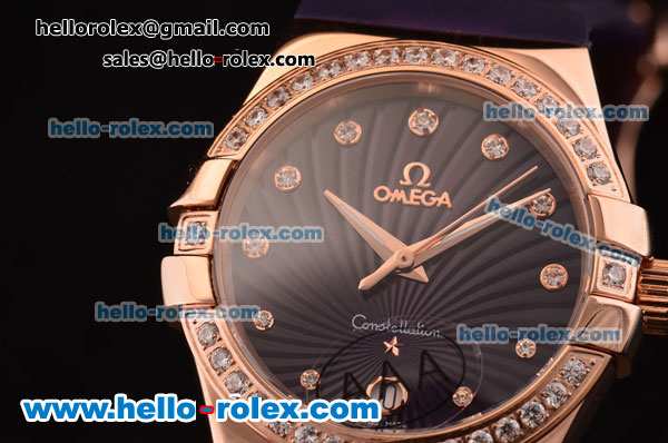 Omega Constellation Swiss ETA Quartz Rose Gold Case with Diamond Bezel and Purple Rubber Strap - Click Image to Close