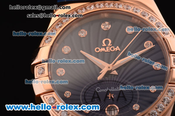 Omega Constellation Swiss ETA Quartz Rose Gold Case with Diamond Bezel and Blue Rubber Strap - Click Image to Close