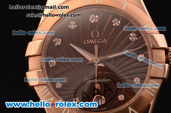 Omega Constellation Swiss ETA Quartz Rose Gold Case with Brown Dial and Brown Rubber Strap - Click Image to Close