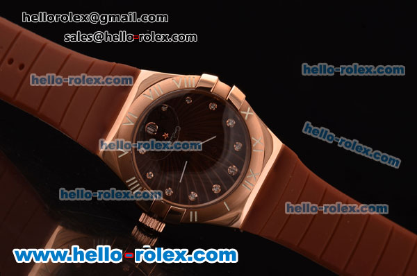 Omega Constellation Swiss ETA Quartz Rose Gold Case with Brown Dial and Brown Rubber Strap - Click Image to Close