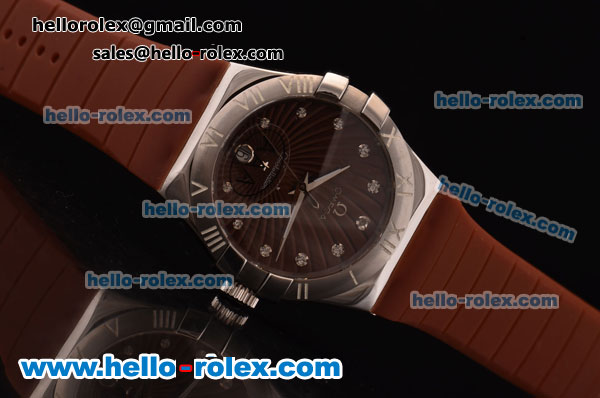 Omega Constellation Swiss ETA Quartz Steel Case with Brown Dial and Brown Rubber Strap - Click Image to Close