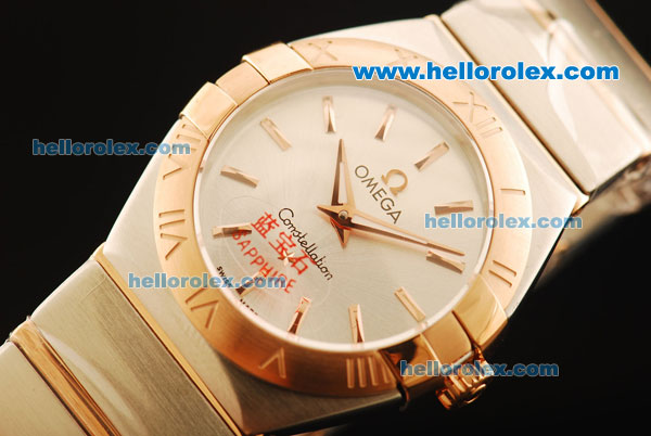 Omega Constellation Swiss ETA Quartz Movement Rose Gold Bezel with Silver Dial and Rose Gold Stick Markers - Lady Model - Click Image to Close