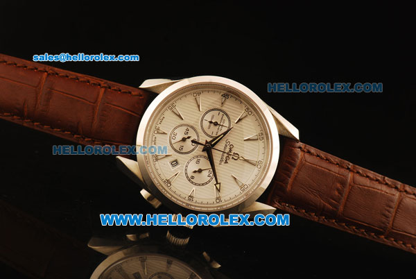 Omega Seamaster Chronograph Miyota Quartz with White Dial and Brown Leather Strap 7750Coating -Sapphire - Click Image to Close