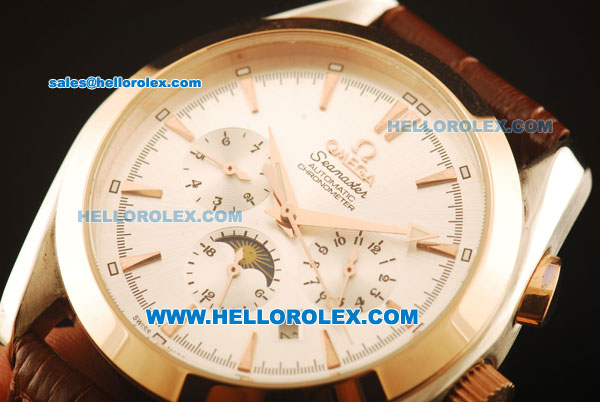 Omega Seamaster Automatic Rose Gold Case with Silver Dial and Brown Leather Strap - Click Image to Close