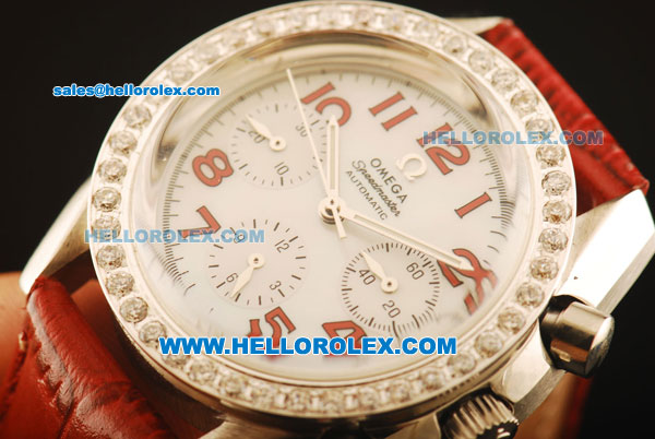 Omega Speedmaster Automatic Steel Case with Diamond Bezel and White Dial-Red Leather Strap - Click Image to Close