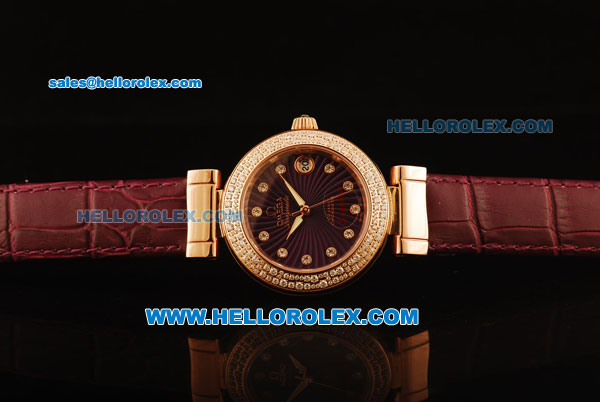 Omega Ladymatic Swiss ETA Quartz Rose Gold Case with Diamond Bezel and Mauve Leather Strap - Click Image to Close