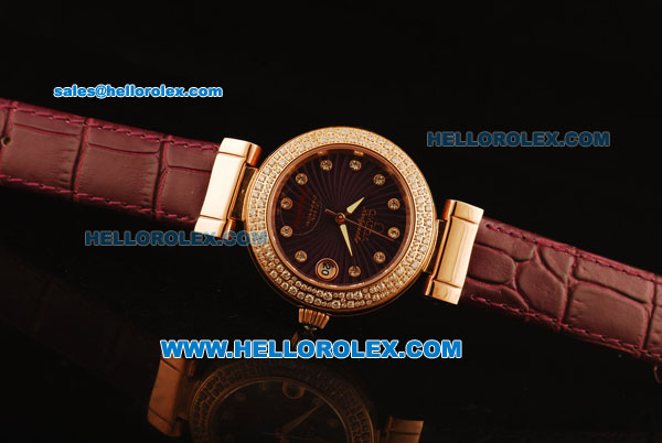 Omega Ladymatic Swiss ETA Quartz Rose Gold Case with Diamond Bezel and Mauve Leather Strap - Click Image to Close