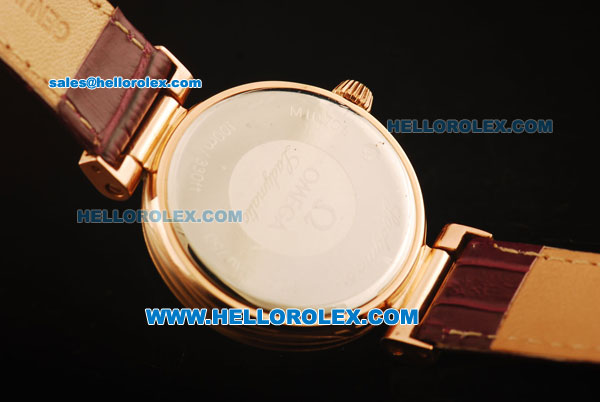 Omega Ladymatic Swiss ETA Quartz Rose Gold Case with Diamond Bezel and Mauve Leather Strap - Click Image to Close