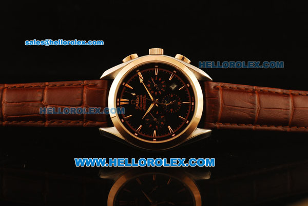 Omega Seamaster Automatic Rose Gold Case with Black Dial and Brown Leather Strap - Click Image to Close