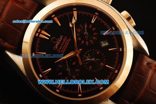 Omega Seamaster Automatic Rose Gold Case with Black Dial and Brown Leather Strap - Click Image to Close