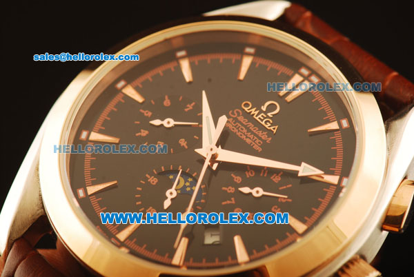 Omega Seamaster Automatic Rose Gold Case with Black Dial and Brown Leather Strap - Click Image to Close