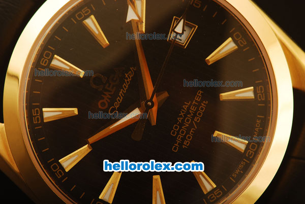Omega Seamaster Co-Axial Automatic Yellow Gold Case with Black Dial and Black Leather Strap - ETA Coating - Click Image to Close