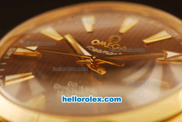 Omega Seamaster Co-Axial Automatic Yellow Gold Case with Black Dial and Brown Leather Strap - ETA Coating - Click Image to Close