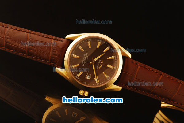 Omega Seamaster Co-Axial Automatic Yellow Gold Case with Black Dial and Brown Leather Strap - ETA Coating - Click Image to Close