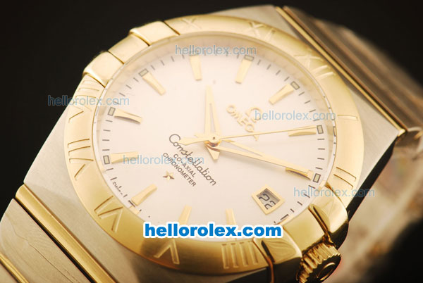 Omega Constellation Co-Axial Swiss ETA 2824 Automatic Steel Case with Yellow Gold Bezel and White Dial-Two Tone Bracelet - Click Image to Close