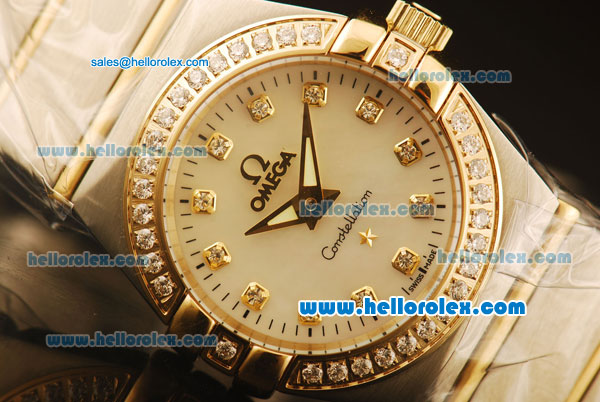 Omega Constellation Swiss Quartz Steel Case with Diamond Bezel and White Dial-Two Tone Strap - Click Image to Close