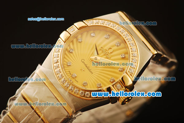 Omega Constellation Swiss Quartz Steel Case with Diamond Bezel and Gold Dial-Two Tone Strap - Click Image to Close