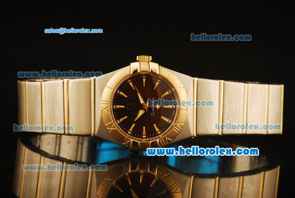 Omega Constellation Swiss Quartz Steel Case with Gold Bezel and Brown Dial-Two Tone Strap - Click Image to Close
