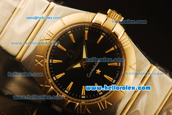 Omega Constellation Swiss Quartz Steel Case with Gold Bezel and Black Dial-Two Tone Strap - Click Image to Close