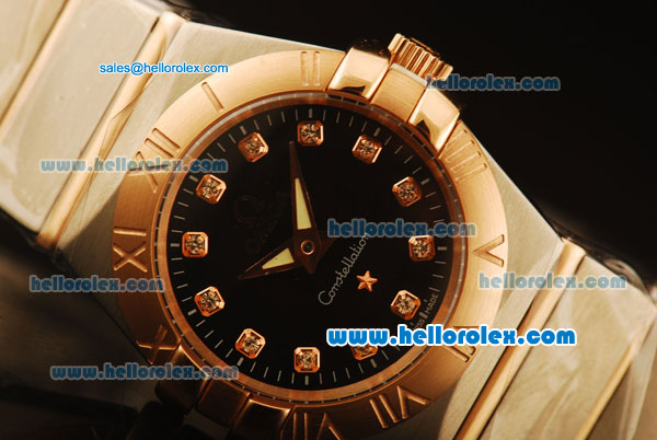 Omega Constellation Swiss Quartz Steel Case with Rose Gold Bezel and Black Dial-Diamond Markers - Click Image to Close