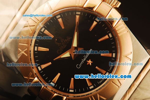 Omega Constellation Swiss Quartz Steel Case with Rose Gold Bezel and Black Dial-Rose Gold Stick Markers - Click Image to Close