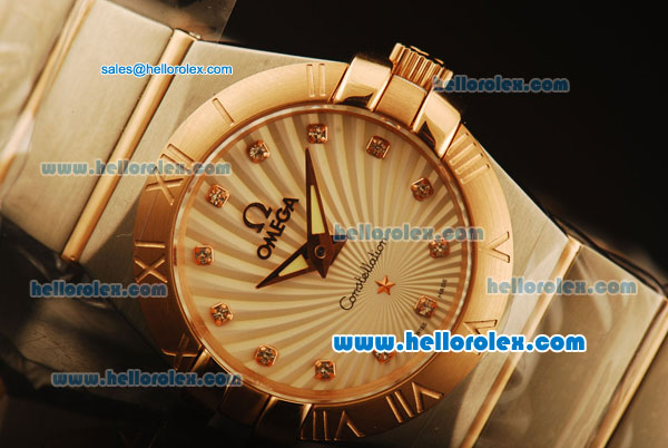 Omega Constellation Swiss Quartz Steel Case with Rose Gold Bezel and Stripe Dial-Diamond Markers - Click Image to Close