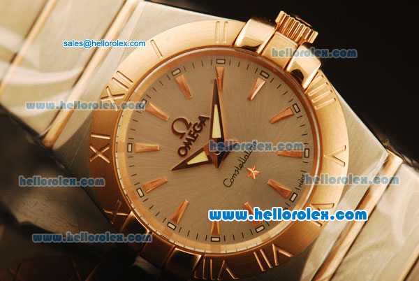 Omega Constellation Swiss Quartz Steel Case with Rose Gold Bezel and Silver Dial-Rose Gold Stick Markers - Click Image to Close