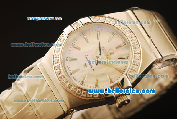 Omega Constellation Swiss Quartz Steel Case with Diamond Bezel and White MOP Dial-Stick Markers - Click Image to Close