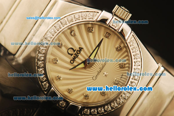 Omega Constellation Swiss Quartz Steel Case with Diamond Bezel and White Stripe Dial-Diamond Markers - Click Image to Close