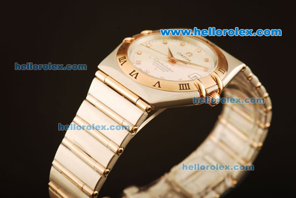 Omega Constellation Swiss ETA 2836 Automatic Steel Case with Rose Gold Bezel and White Dial-Two Tone Strap - Click Image to Close