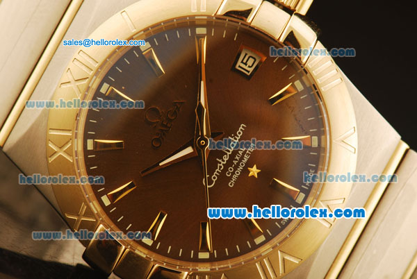 Omega Constellation Co-Axial Swiss ETA 2824 Automatic Steel Case with Yellow Gold Bezel and Brown MOP Dial-Two Tone Bracelet(35mm) - Click Image to Close
