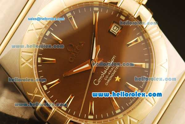 Omega Constellation Co-Axial Swiss ETA 2824 Automatic Steel Case with Yellow Gold Bezel and Brown MOP Dial-Two Tone Bracelet - Click Image to Close